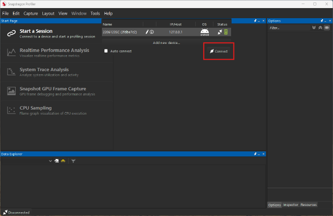 Snapdragon profiler connect device