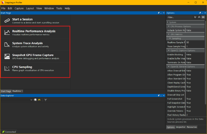 Snapdragon profiler avaliable options